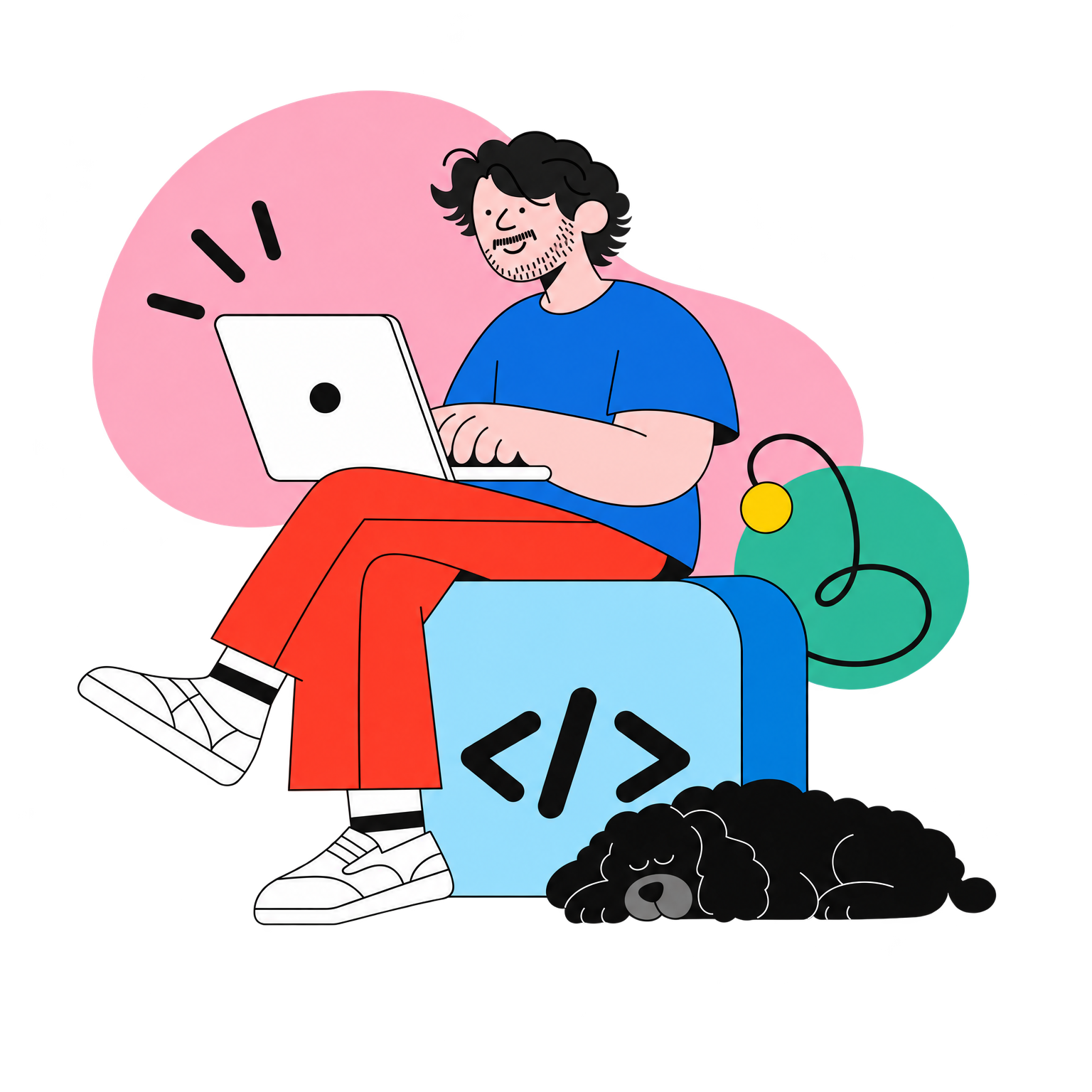 Illustratie van iemand die samen met een kleine hond naar digitale schermen kijkt.