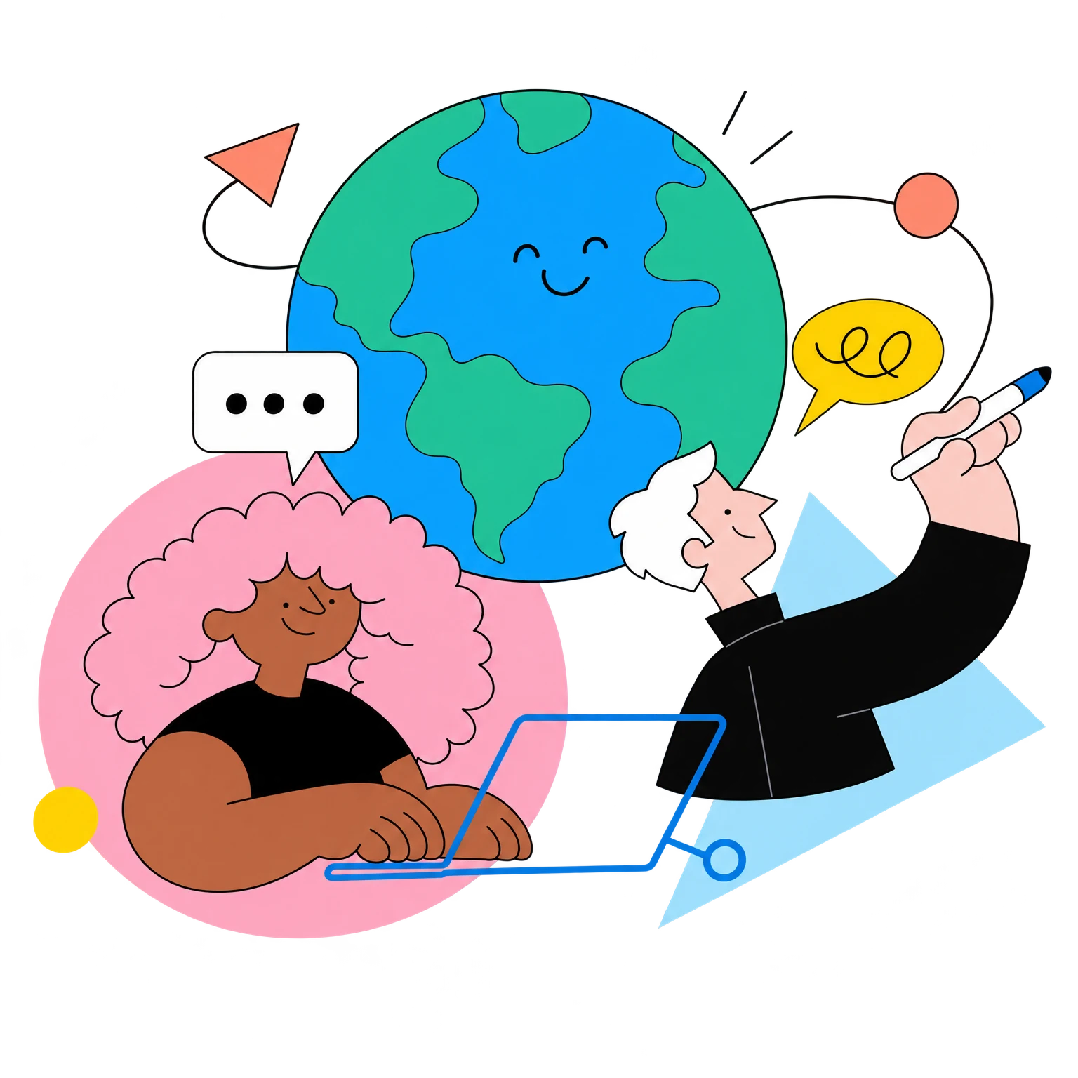Illustration of two people collaborating online with a smiling globe above them.