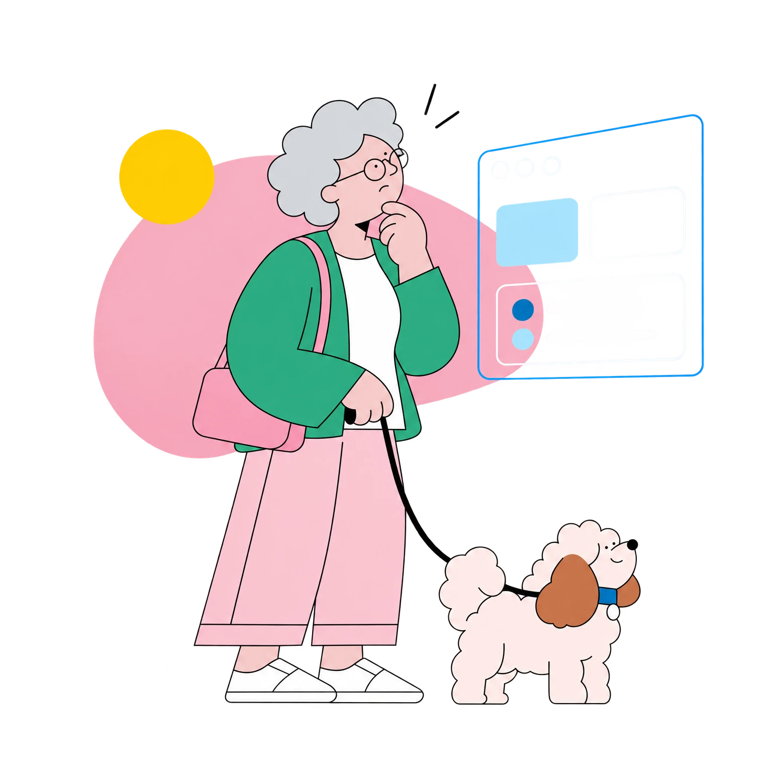 Illustration of a person considering a website interface while walking a small dog.